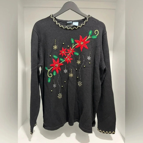 Basic Edition Holiday poinsettia sweater beaded gemstones sparkly embroidery XL - Picture 1 of 6